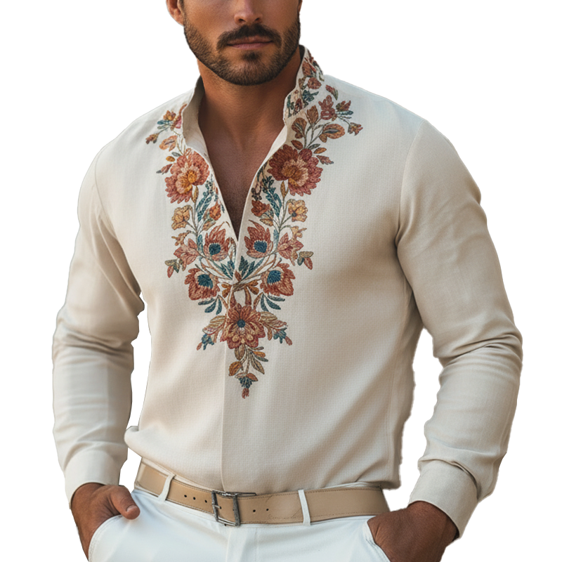 Men's Spring Fashion Floral Embroidered Linen Blend Long-sleeved Shirt MTZ0828A7P