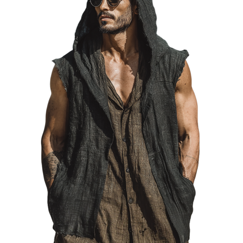 Men's Cotton And Linen Solid Color Sleeveless Hooded Tank Top MTA1760G9X
