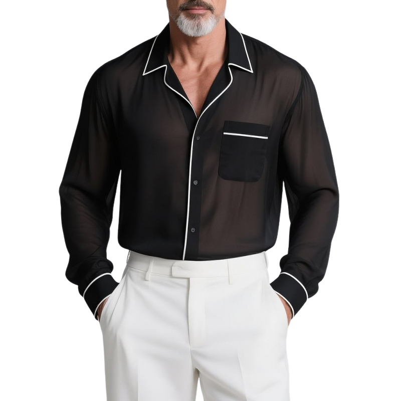 Men's Black Chiffon White Trim Lapel Single-breasted Long-sleeved Shirt MTA0189G2Y