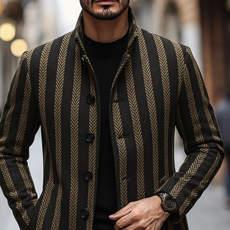 Men's Blended Stand-up Collar Striped Printed Button Mid-length Coat MTA0100K5X