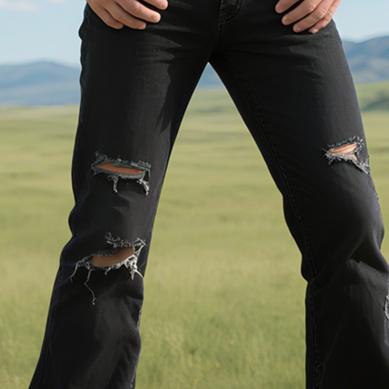Men's Retro Western Cowboy Style Casual Denim Washed Ripped Trousers MTA1421E6TO