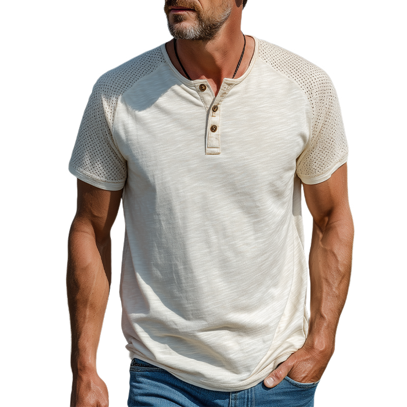 Men's Spring And Summer Fashion Casual Cotton Blended Shoulder Splicing Mesh Henley Collar Short Sleeve T-Shirt MTA0867G6K