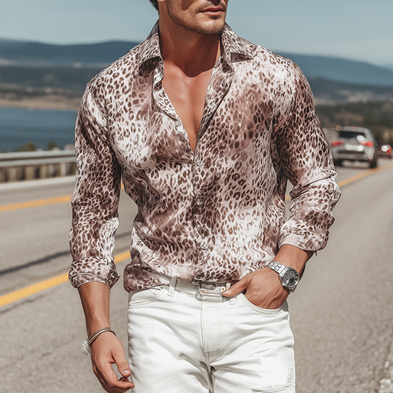 Men's Spring And Summer Fashion Casual Satin Leopard Print Long Sleeve Shirt MTA0509G3K