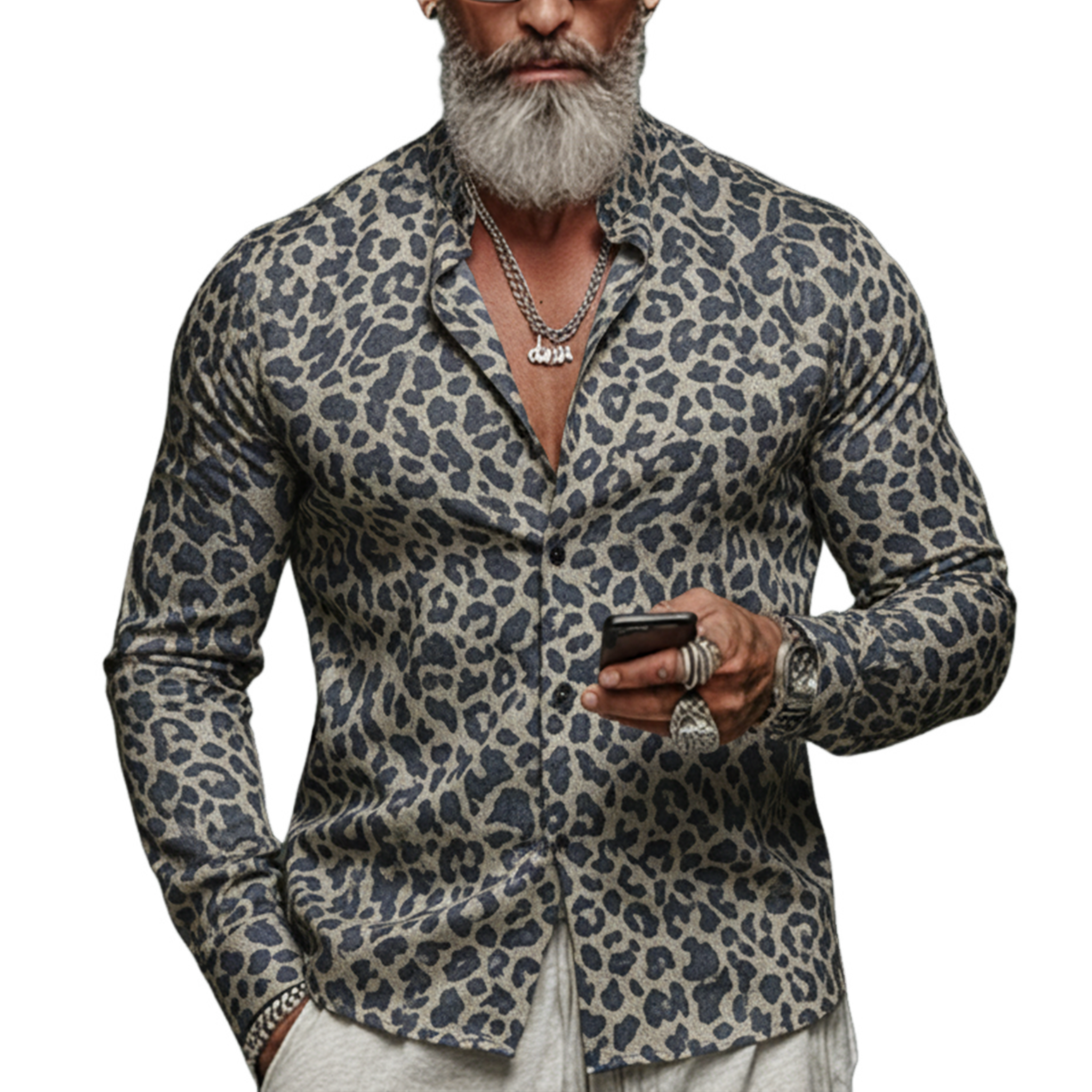Men's Classic Casual Rugged Denim Jacquard Leopard Print Long-sleeved Shirt MTA3061K4K