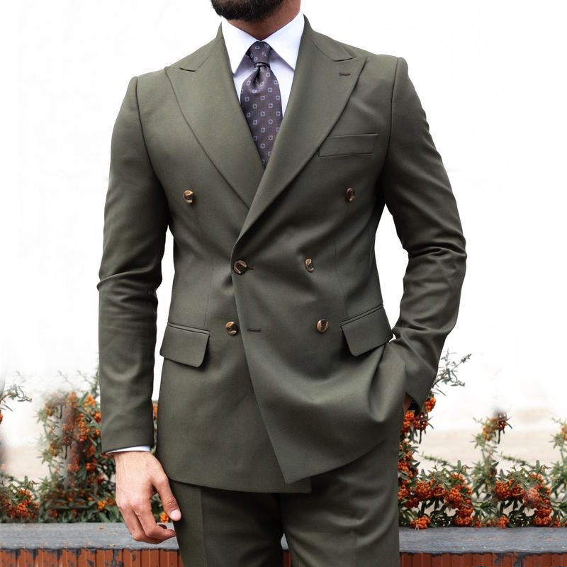 Men's Classic Olive Green Double-breasted Business Blazer MTA2246I2U