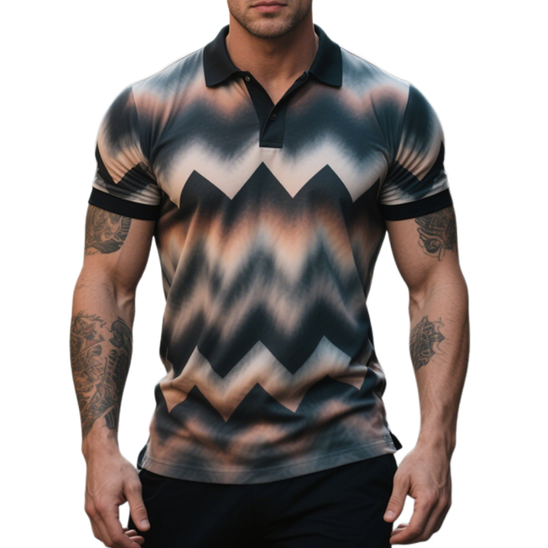 Men's Retro Casual Zigzag Gradient Print Short-Sleeved Polo Shirt MTA2010E9TO