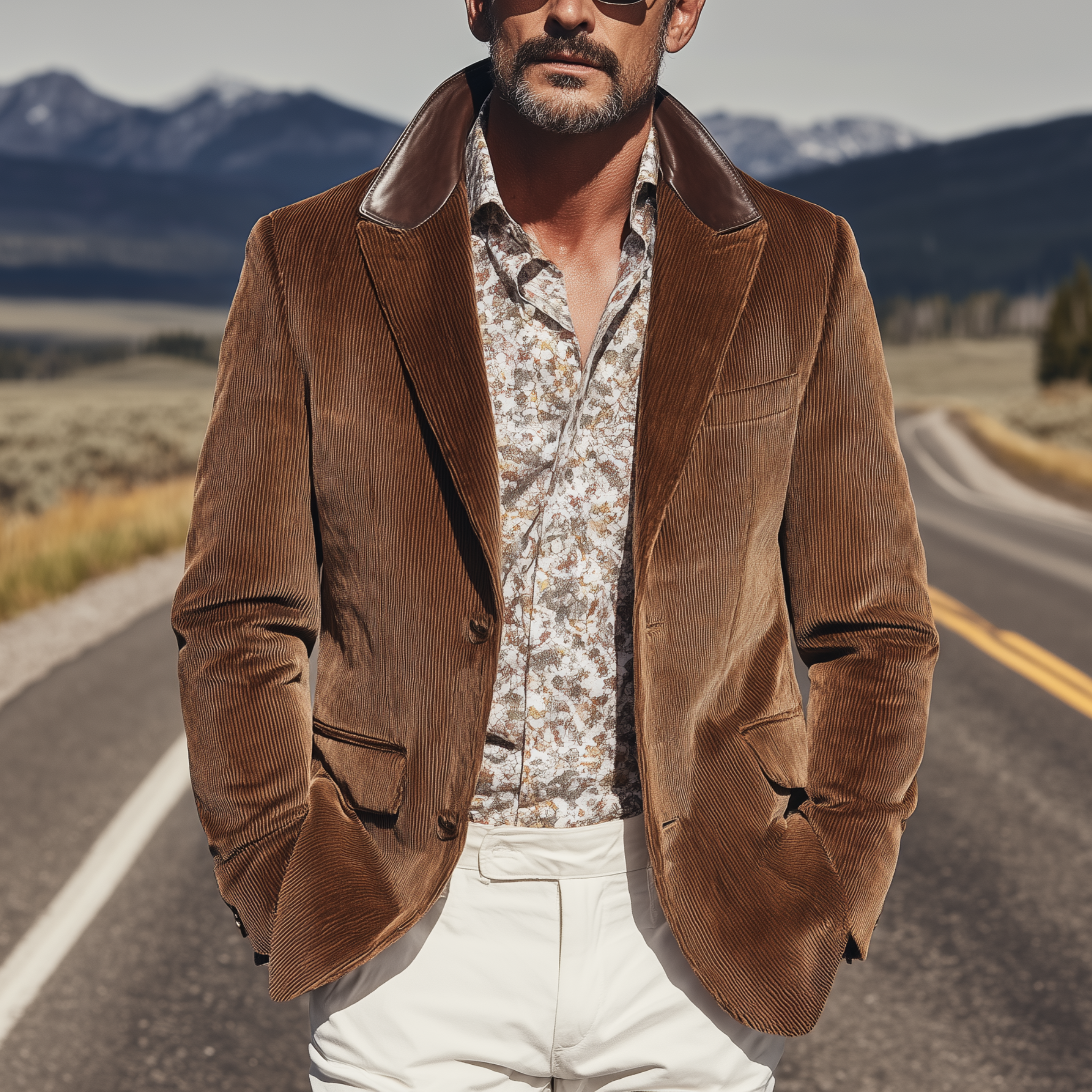 Men's Classic Retro Western Style Collar Stitching PU Leather Single-breasted Corduroy Blazer MTA1231H0K