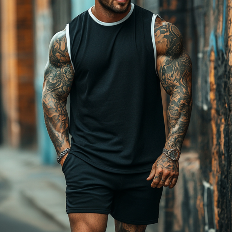 Men's Casual Cotton Colorblock Round Neck Loose Tank Top Elastic Waist Shorts Sports Set MTA2676E1M