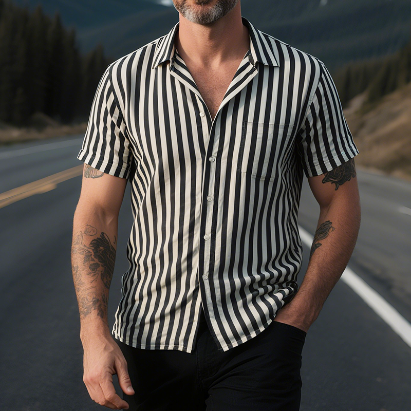Men's Retro Casual Striped Print Lapel Short Sleeve Shirt MTA1695G6TO
