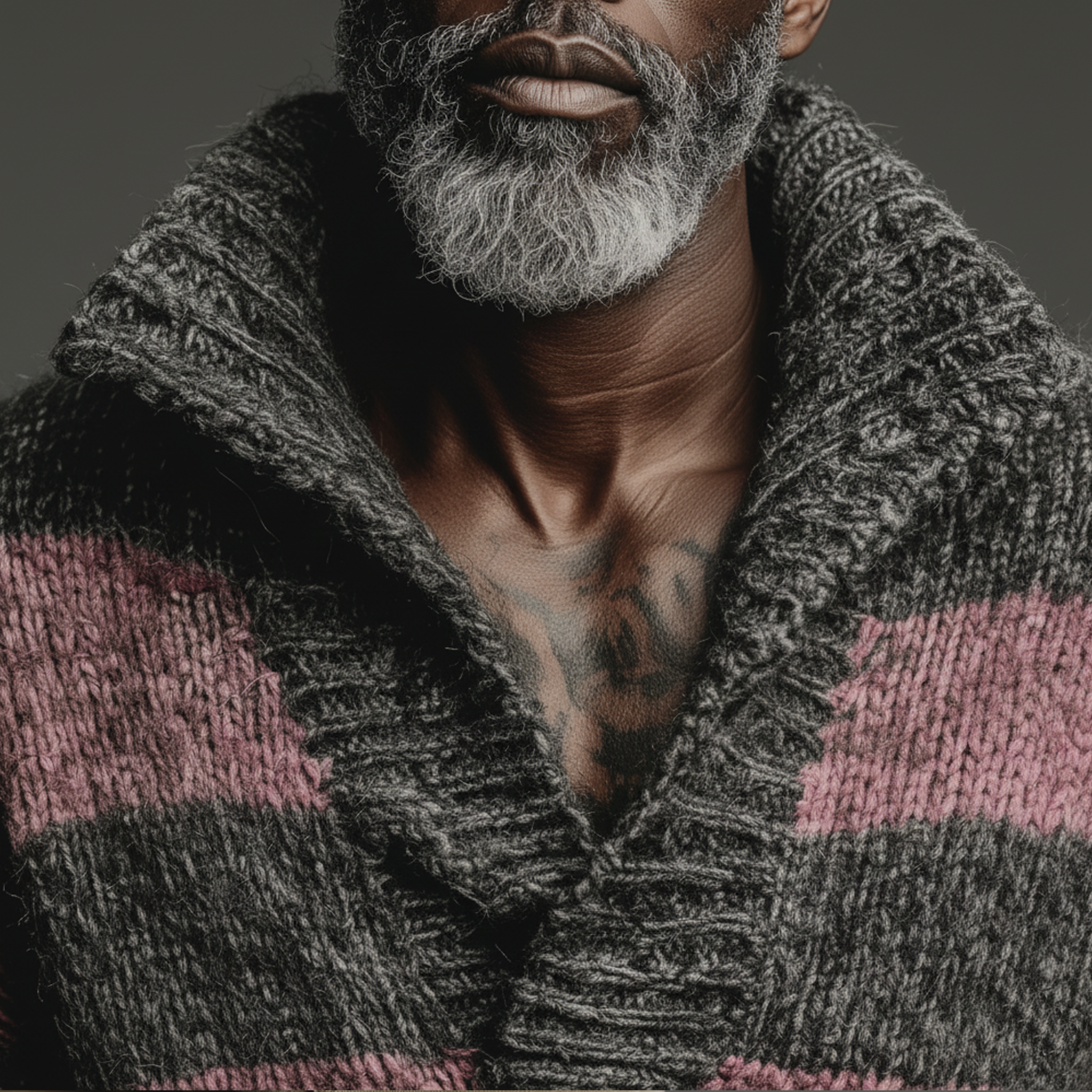 Men's Classic Casual Pink And Gray Horizontal Striped Stand Collar Loose Sweater MTA2829I6K