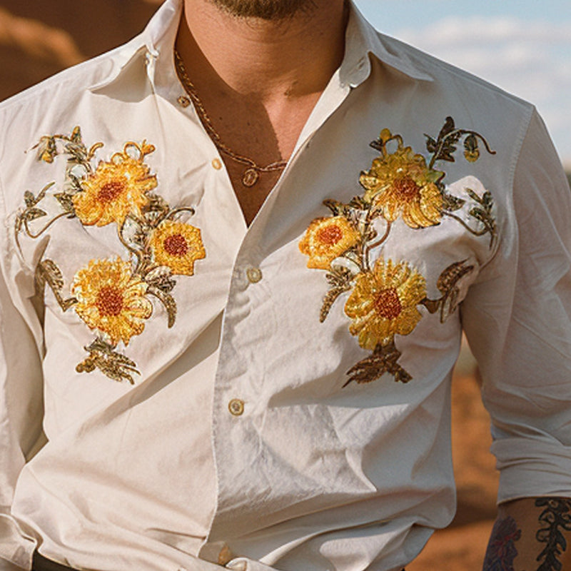 Men's Casual Floral Embroidery Print Long Sleeve Shirt 63692536X