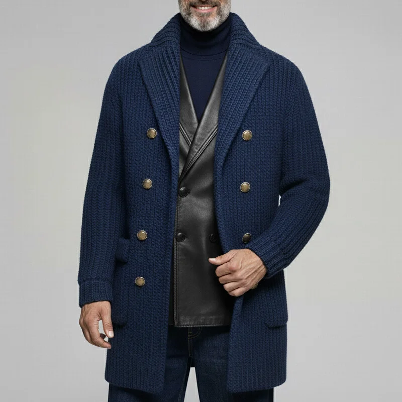 Men's Classic Casual Lapel Double-breasted Long-leg To Thigh Knit Cardigan MTA1943I2K