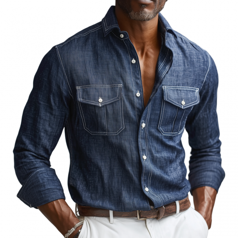 Men's Casual Breathable Cotton Linen Lapel Chest Pocket Slim Fit Long Sleeve Shirt MTA0757G1M