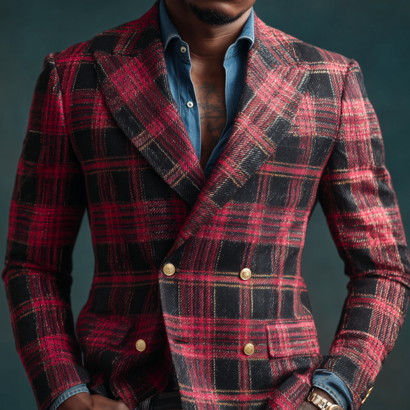 Men's Vintage Contrast Plaid Jacquard Peaked Lapel Double-Breasted Slim-Fit Blazer MTA2895G2M