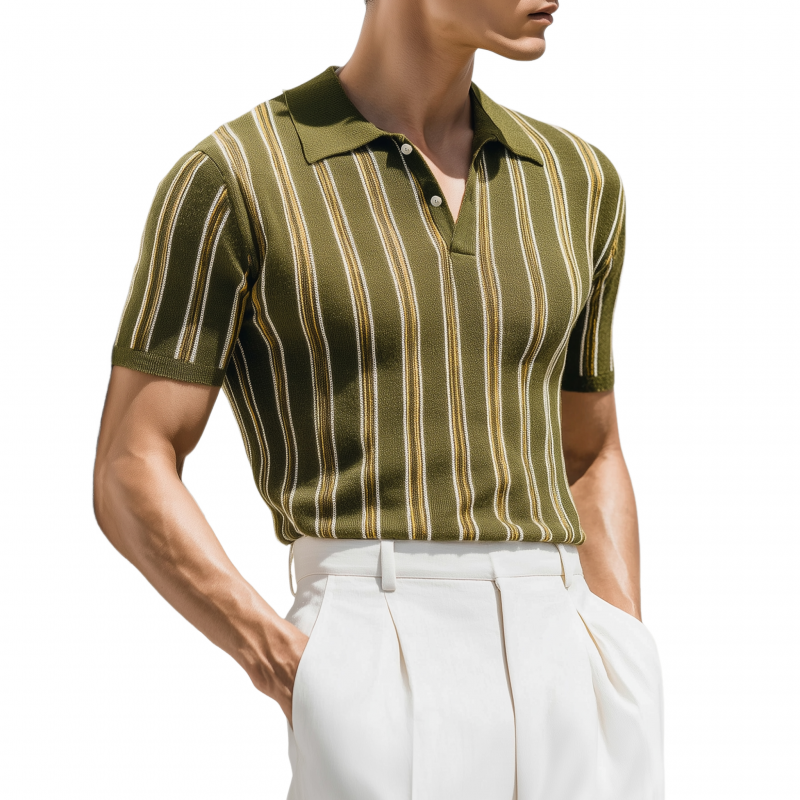 Men's Casual Breathable Contrast Striped Lapel Slim Knitted Short-sleeved Polo Shirt MTA2263G1M