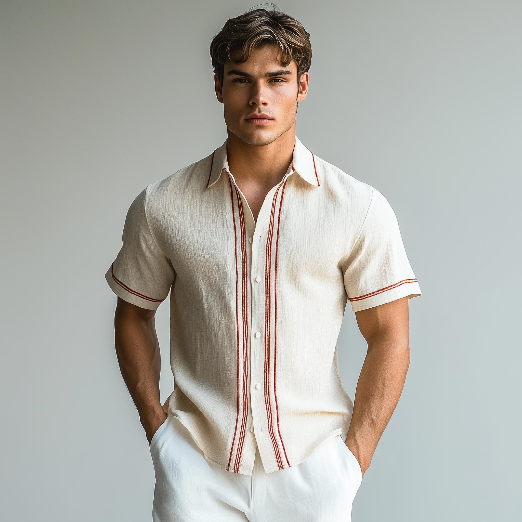 Men's Fashion Casual Chiffon Contrast Color Embroidery Slim Fit Short Sleeve Shirt MTA2408G6K