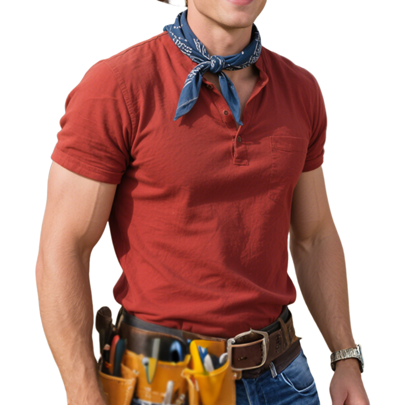 Men'S Retro Casual Western Cowboy Style Cotton Washed Henley Collar Short Sleeve T-Shirt MTA1069E2TO