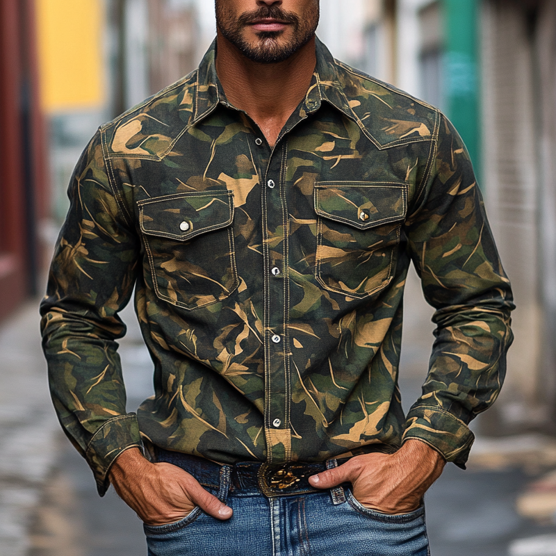 Men's Outdoor Camouflage Print Lapel Long-sleeved Shirt MTA3062I6X