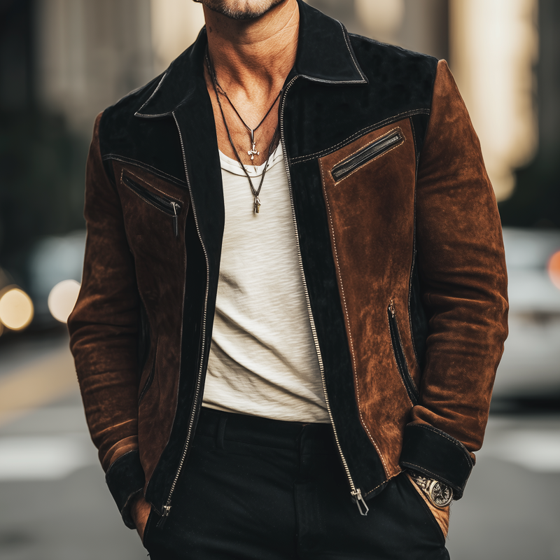 Men's Vintage Suede Colorblock Zip-Up Jacket MTA2675H0U