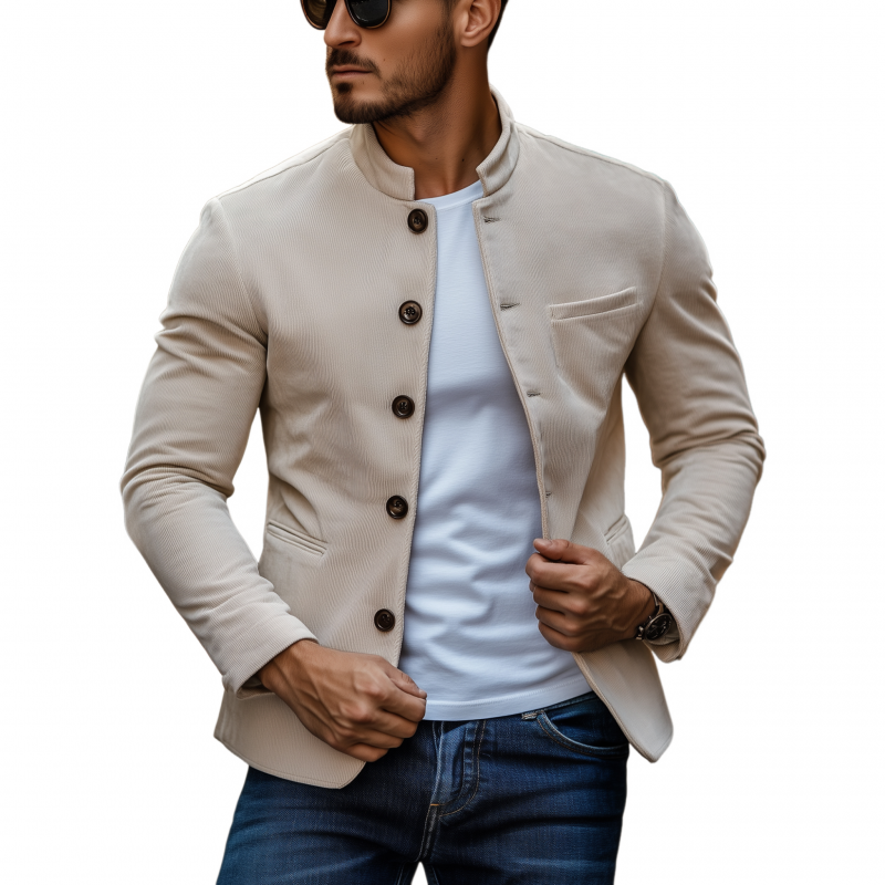 Men's Casual Solid Color Corduroy Stand Collar Single-breasted Slim Short Blazer MTA3075G7M