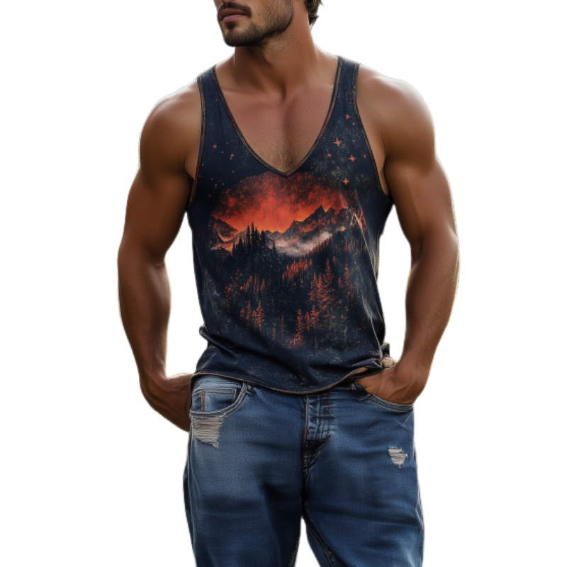 Men's Casual American Retro Yellowstone Park Series Printed Cotton Tank Top 92138881K