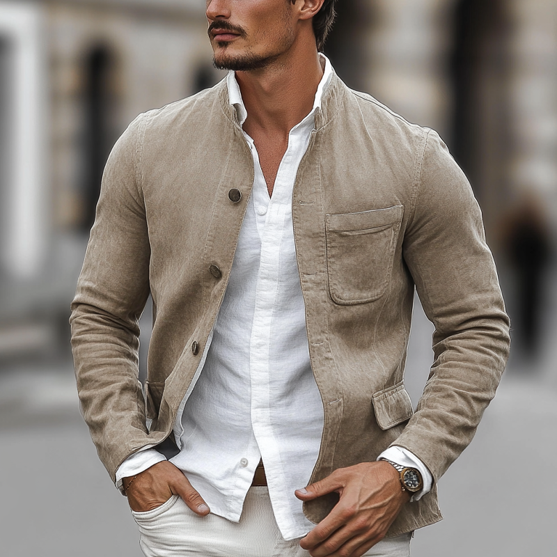 Men's Casual Solid Color Cotton Stand Collar Jacket MTA2089H1X