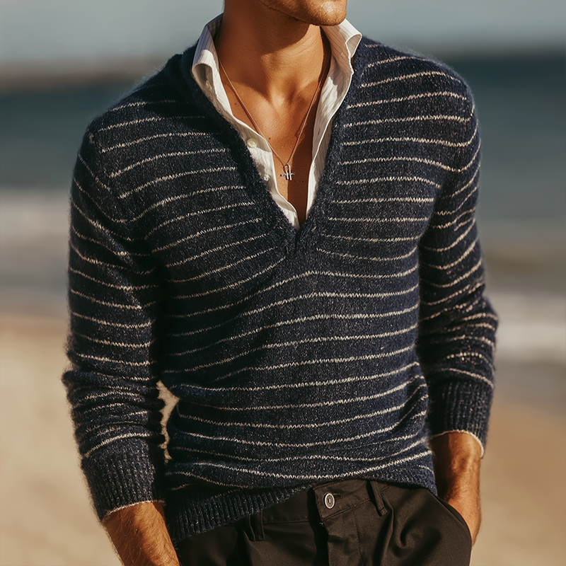 Men's Vintage Casual Knitted Striped V-neck Sweater MTA1912L2TO