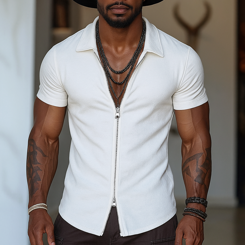 Men's Solid Zipper Lapel Short Sleeve Shirt MTA1984G1Z