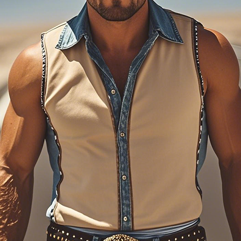 Men's Spring And Summer Fashion Casual Western Cowboy Style Thin Suede Stitching Tencel Denim Slim Sleeveless Shirt MTA1213E9K