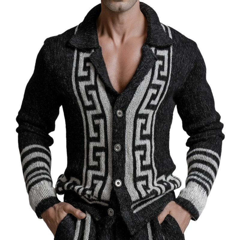 Men's Vintage Casual Knitted Greek Key Lapel Button Cardigan MTA1360J0TO
