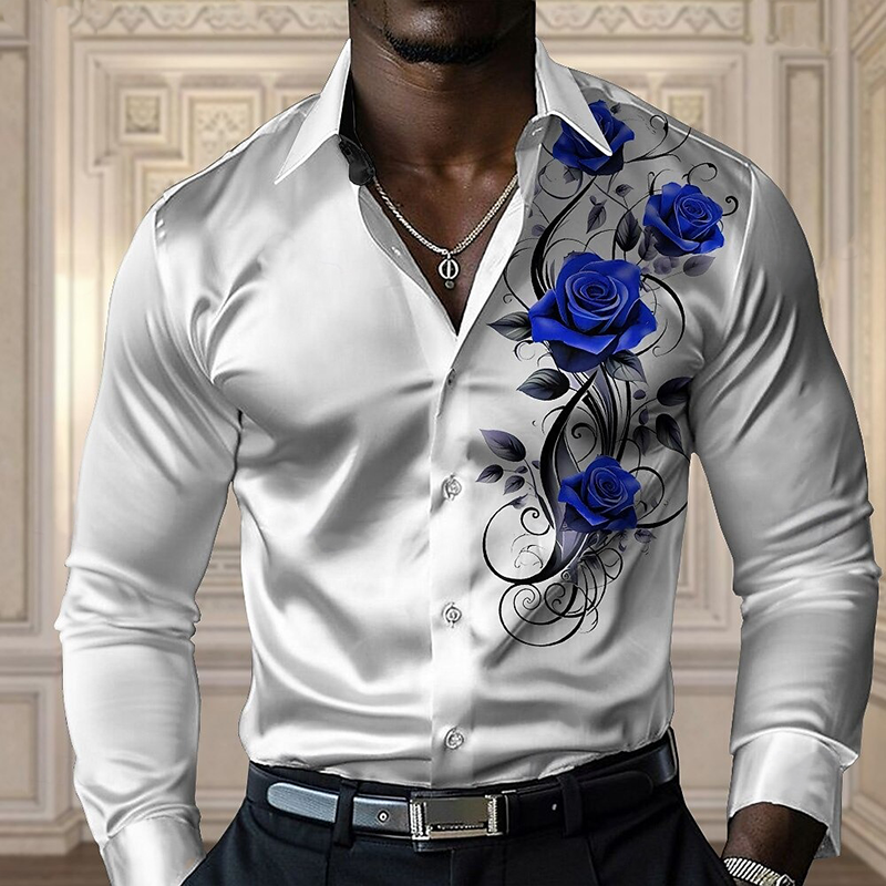 Men's Satin Print Long Sleeve Lapel Shirt MTA2149G1X