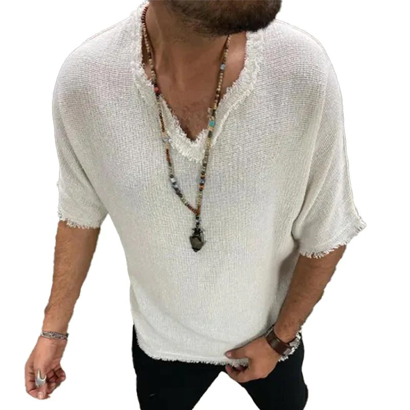 Men's Cotton and Linen Loose V-neck Short-sleeved T-shirt 49253378X