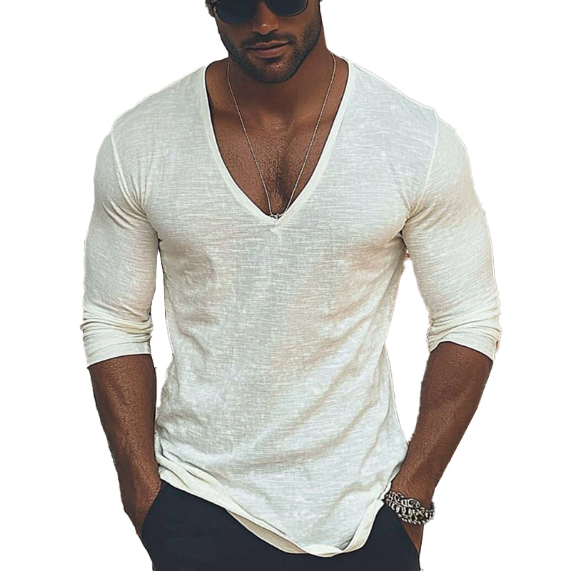 Men's Blended V-neck Long-sleeved T-shirt 69793525X