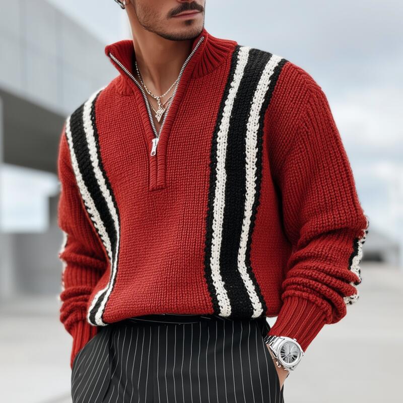 Men's Vintage Contrast Striped Breathable Knit Zipper Stand Collar Loose Pullover Sweater MTA2841H3M