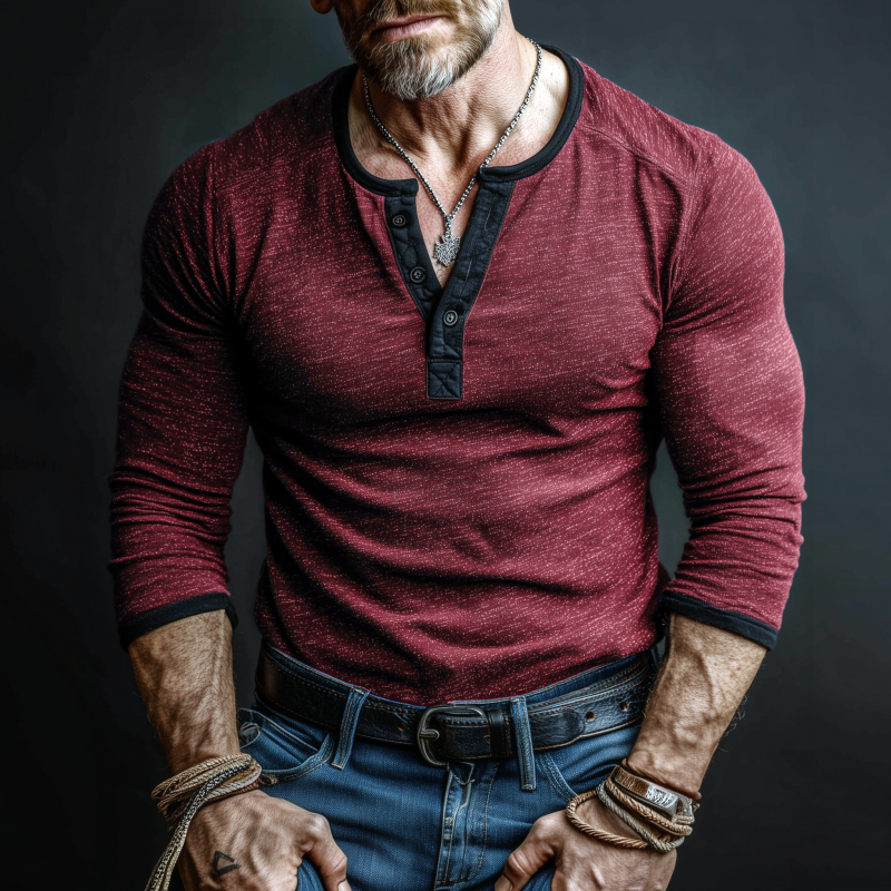 Men's Casual Cotton Contrast Color Patchwork Henry Collar Slim Fit Long Sleeve T-Shirt MTA2299G0M