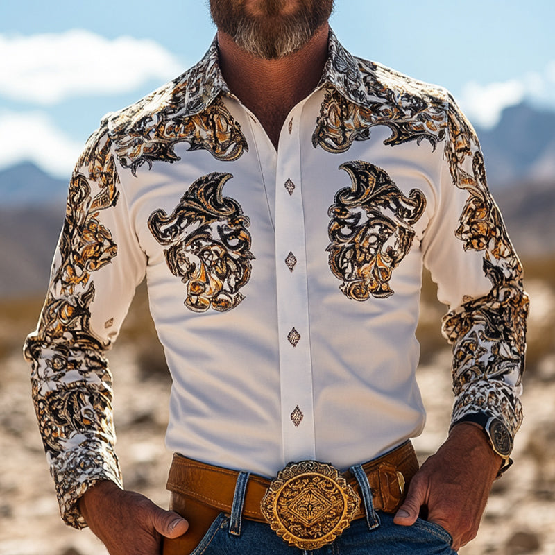 Men's Retro Western Cowboy Style Printed Lapel Long Sleeve Shirt MTA0622E2TO