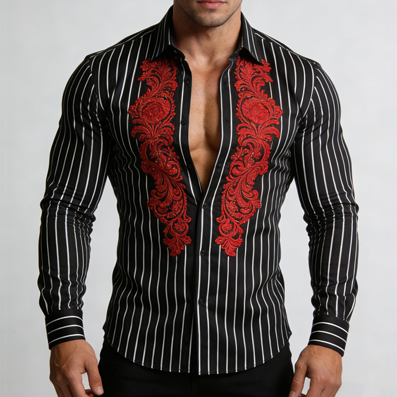 Men's Retro Casual Striped Embroidered Lapel Long-Sleeve Shirt MTA1936L6TO