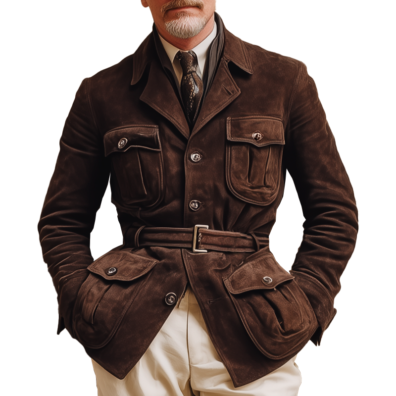 Men's Winter Fashion Multi-Pocket Faux Suede Work Jacket(Includes Belt) MTA1490J5P