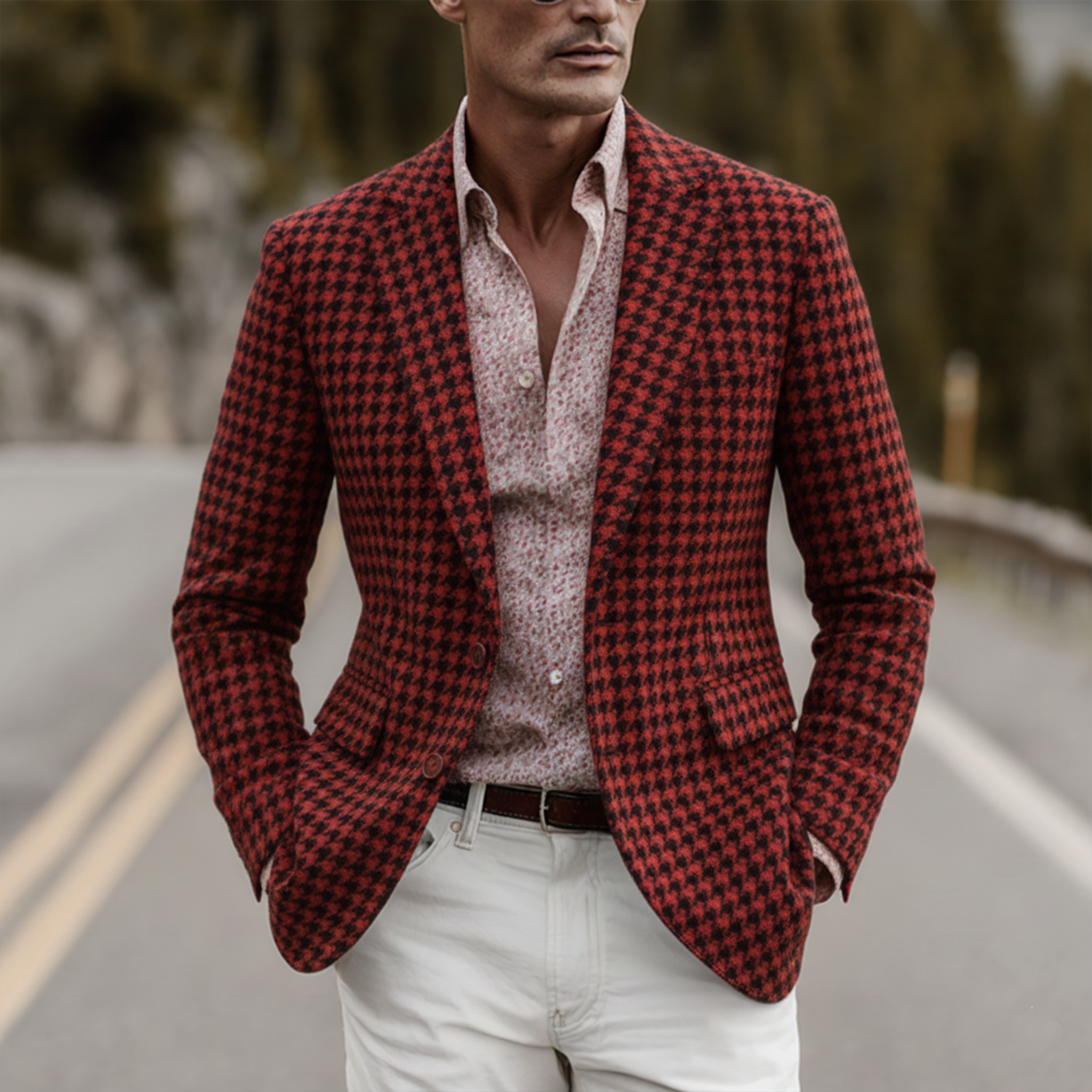 Men's Classic Party Christmas Red Faux Houndstooth Wool Single-Breasted Blazer MTA3052I5K