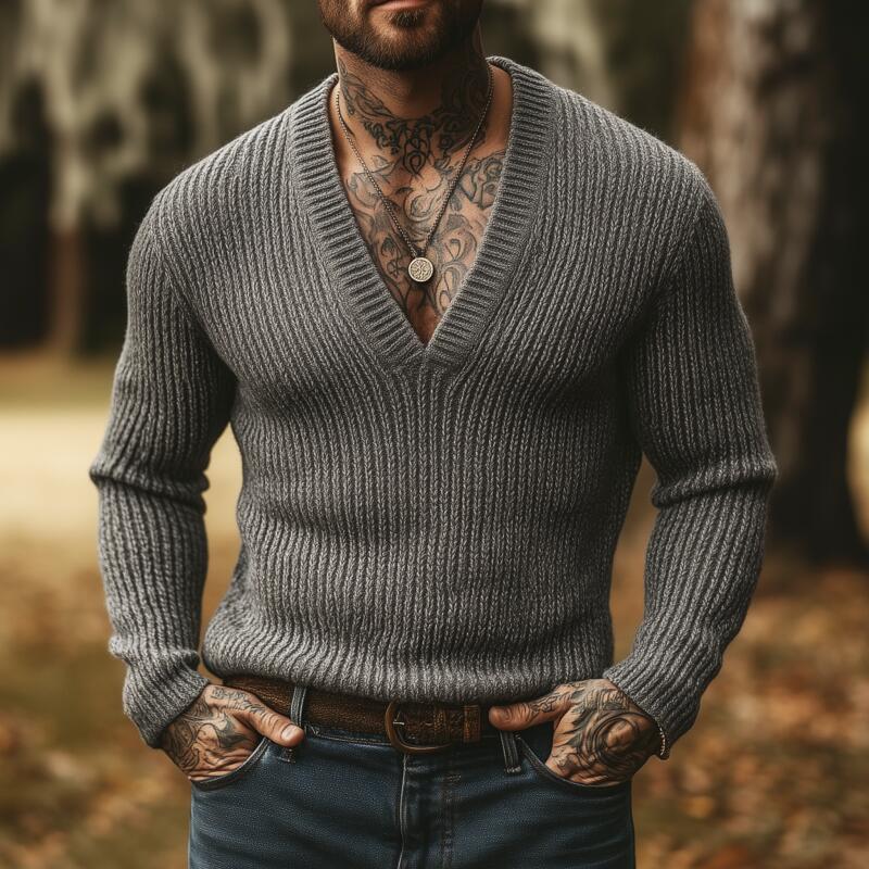 Men's Casual Solid Color Breathable Knitted V-neck Slim Fit Pullover Sweater MTA2855H8M