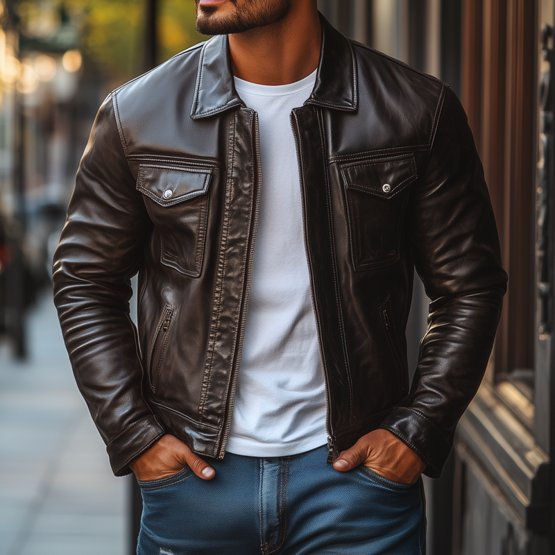 Men's Fashion Vintage Solid Color PU Lapel Zipper Placket Slim Fit Motorcycle Jacket MTA1405H8M