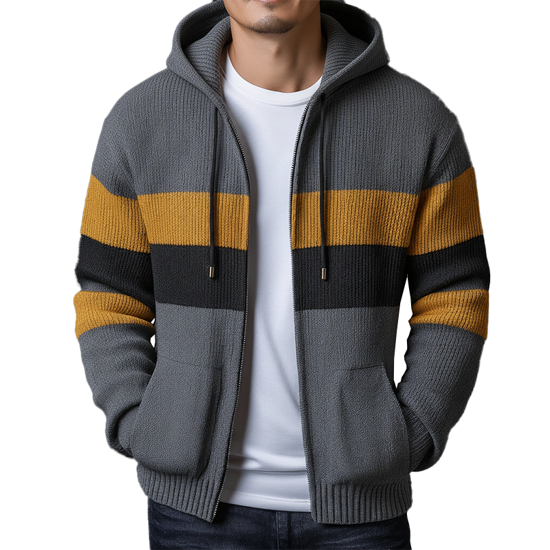 Men's Winter Retro Color Block Cotton Yarn Knitted Hooded Cardigan MTA0356K1P