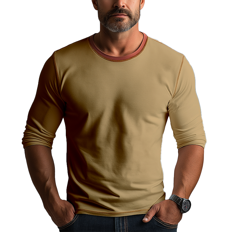 Men's Simple Contrast Color Cotton And Linen Long Sleeve T-shirt MTA3123G9P