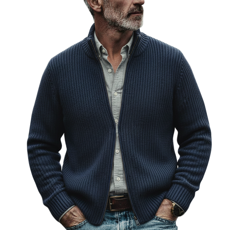 Men's Solid Color Stand Collar Zip-up Knit Cardigan MTA1968K0X