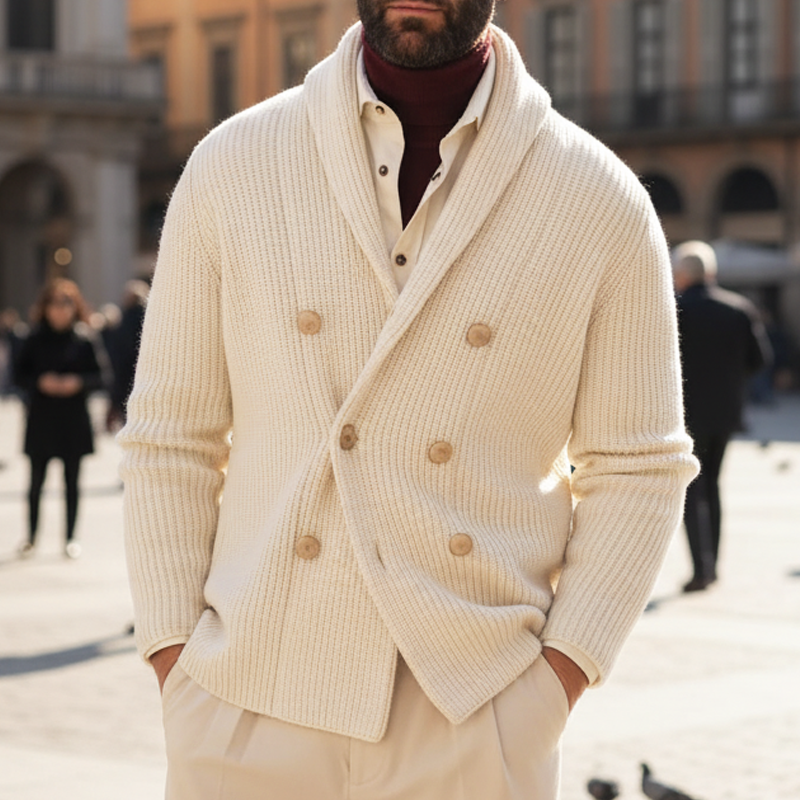 Men's Elegant Off-White Double-Breasted Knitted Cardigan MTA1849I3U