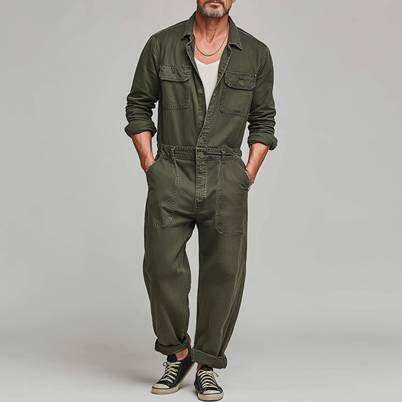 Men's Autumn And Winter Retro Washed Distressed Denim Long-sleeved Jumpsuit MTA2226I5P