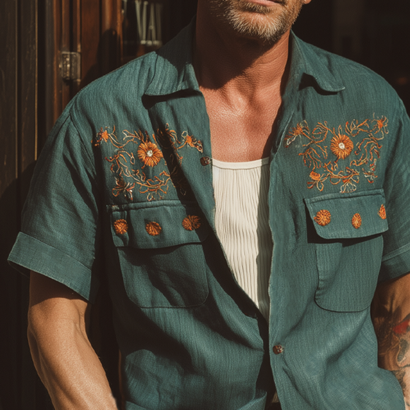 Men's Summer Vintage Embroidered Short Sleeve Shirt MTA1762F5U