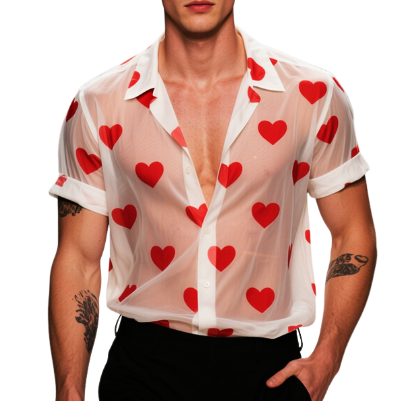 Men's Retro Casual Heart Printed Mesh Lapel Short Sleeve Shirt MTA2338E6TO