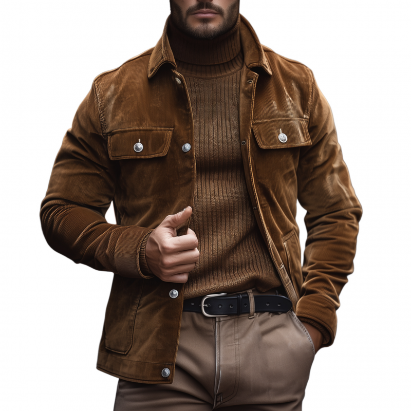 Men's Casual Solid Color Corduroy Lapel Single-breasted Slim-fit Cargo Jacket MTA3149G3M