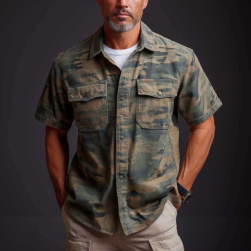 Men's Summer Fashion Camouflage Washed Denim Short Sleeve Shirt MTA0564F8P